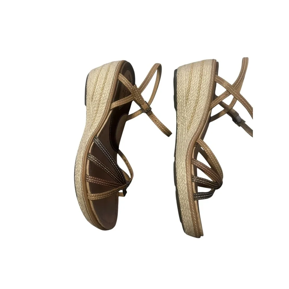 Clarks Artisan Beige Leather Espadrille Wedge Sandals Womens 10 Strappy Casual